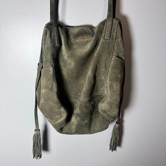 Michael Kors Suede Leather Tote Army Green Large Shoulder Bag Tassel Boho Purse - Picture 10 of 16